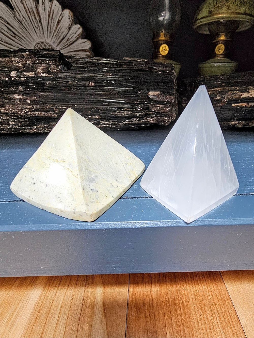 Light Green Serpentine & Selenite Pyramids